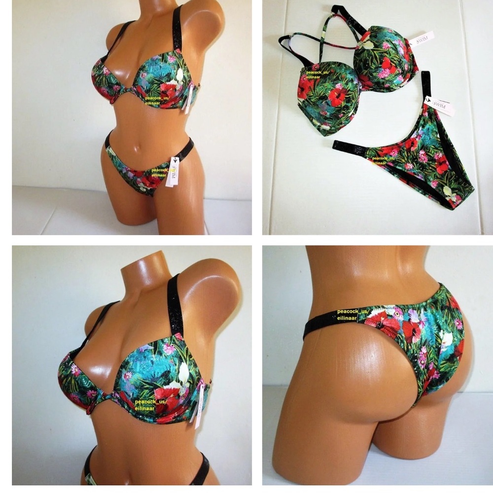 NWT VICTORIA'S SECRET SWIMShine Strap Bombshell + 2 Cup Sizes Push-Up Bikini set